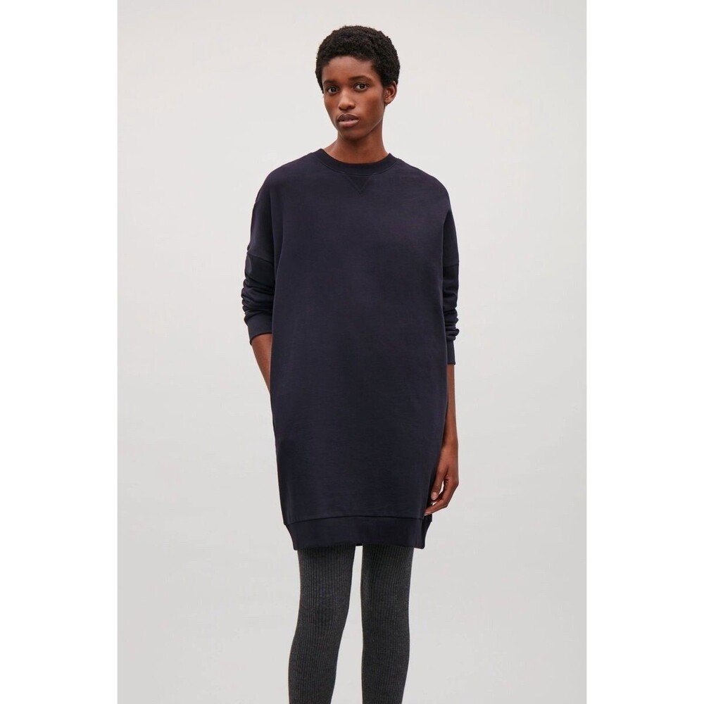 Cos Women’s Sz XS Black Sweatshirt Dress V-Stitch Detail 100% Cotton